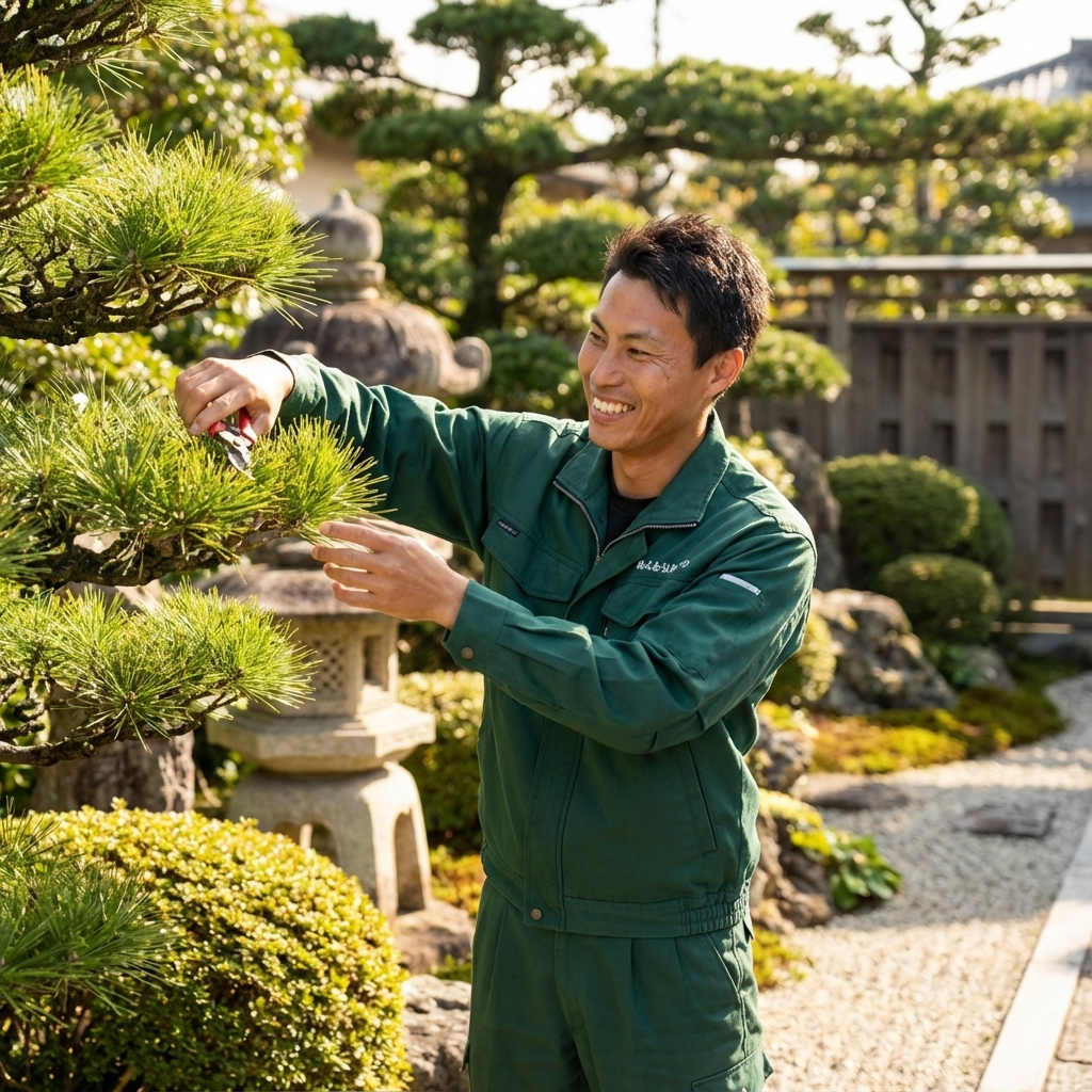 笑顔で作業する庭師